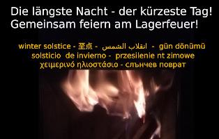 Bild von einem Feuer und Einladungstext für die Wintersonnenwendenfeier